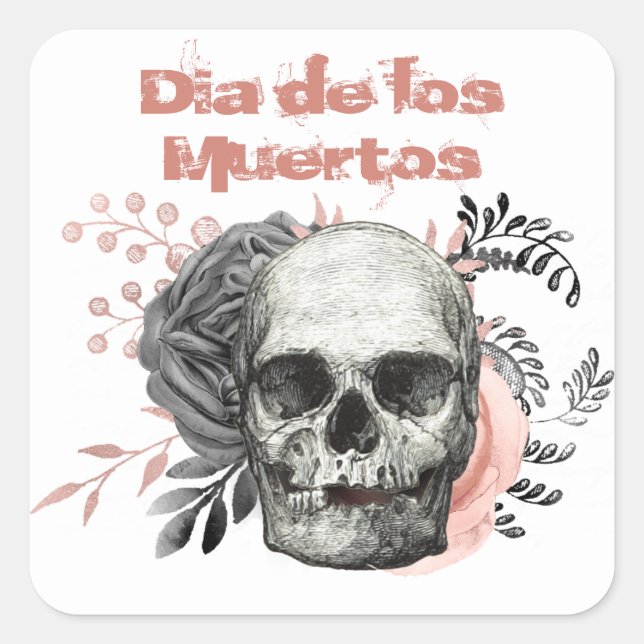 Dia de los Muertos Grey Pink Rose Skull Square Sticker (Front)