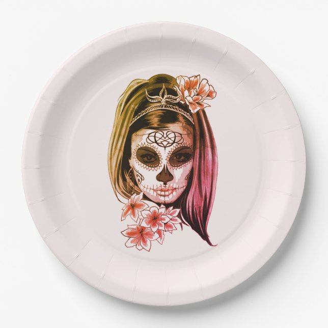 Dia De Los Muertos & Halloween Party Paper Plate (Front)