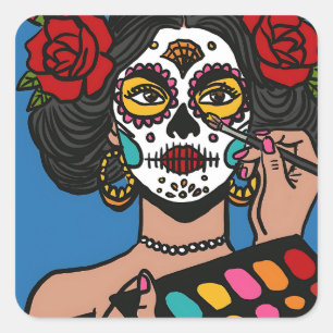 Dia de los Muertos Hand Drawn Catrina Square Sticker