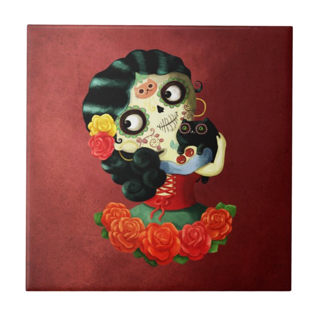 Dia de Los Muertos Lovely Mexican Catrina Girl Tile (Front)