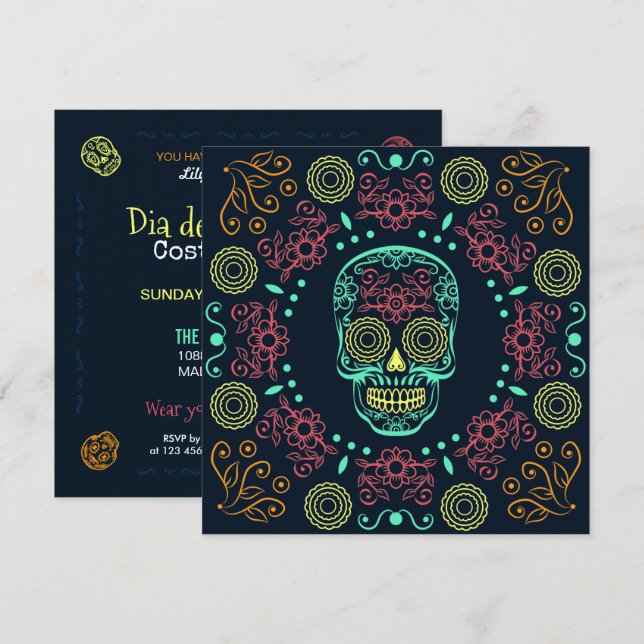 Dia de los Muertos Neon Floral Skull | Invitation (Front/Back)