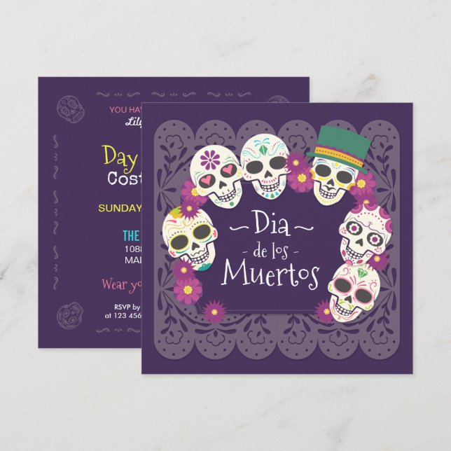 Dia de los Muertos Pink Floral Skulls | Invitation (Front/Back)
