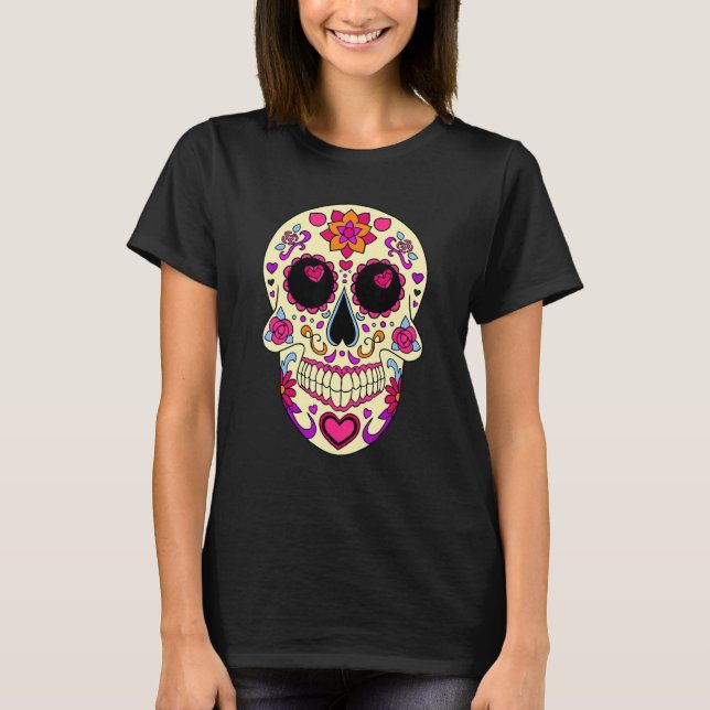 Dia De Los Muertos Pink Hearts Mask Skull T-Shirt (Front)
