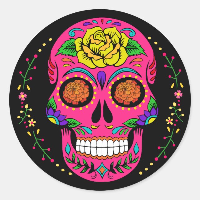 Día de los Muertos Pink Sugar Skull Halloween Classic Round Sticker (Front)