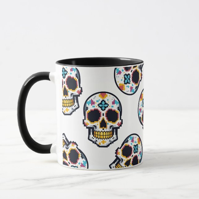 Dia De Los Muertos Pixelated Skull Pattern Mug (Left)