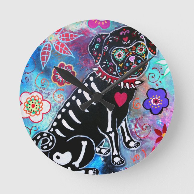 Dia de los Muertos Pug Dog Lover Round Clock (Front)