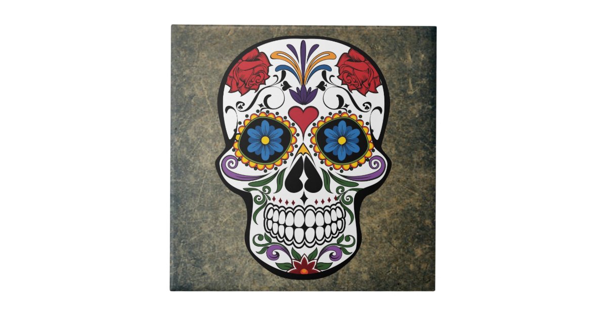 Dia De Los Muertos Red Roses Sugar Skull Tile Zazzle Co Uk