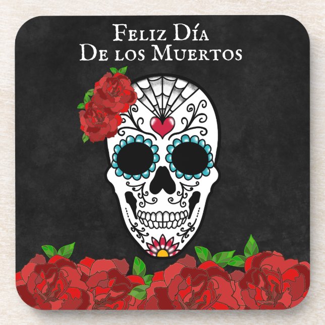 Dia De Los Muertos Red Turquoise Sugar Skull Coaster (Front)