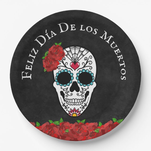 Día De Los Muertos Red Turquoise Sugar Skull Paper Plate (Front)