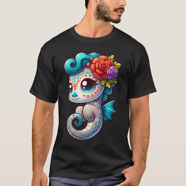 Dia De Los Muertos Seahorse  T-Shirt (Front)
