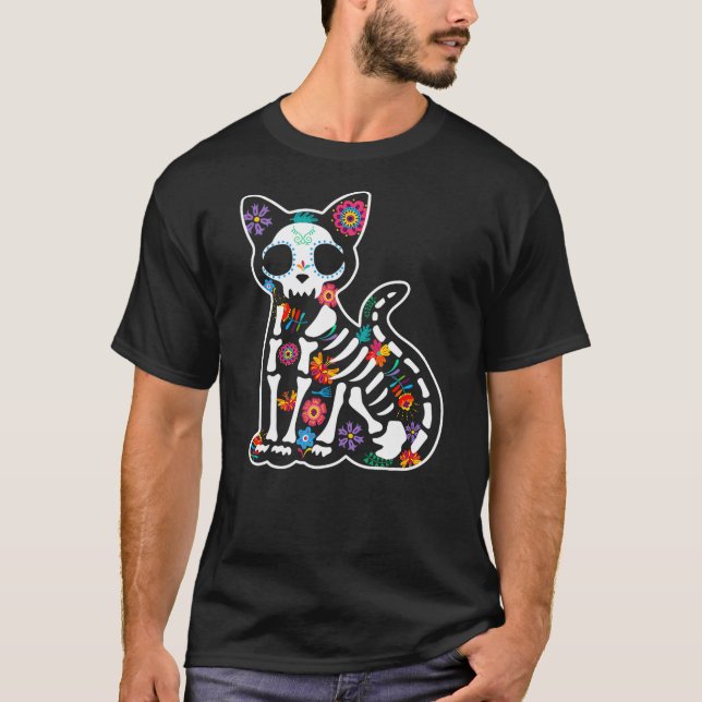 Dia De Los Muertos Shirts, Scary Sugar Cat Skull H T-Shirt (Front)