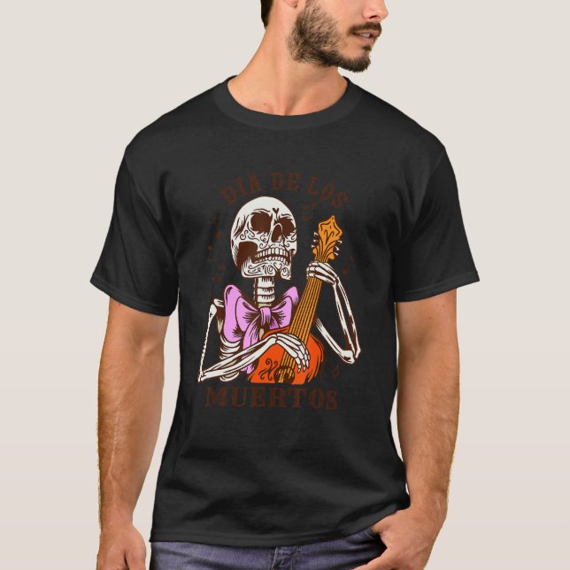 Dia De Los Muertos Skeleton Colourful Bow Music Gu T-Shirt (Front)