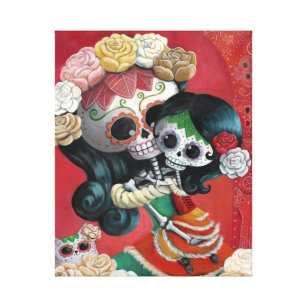Dia de Los Muertos Skeletons Mother and Daughter Canvas Print