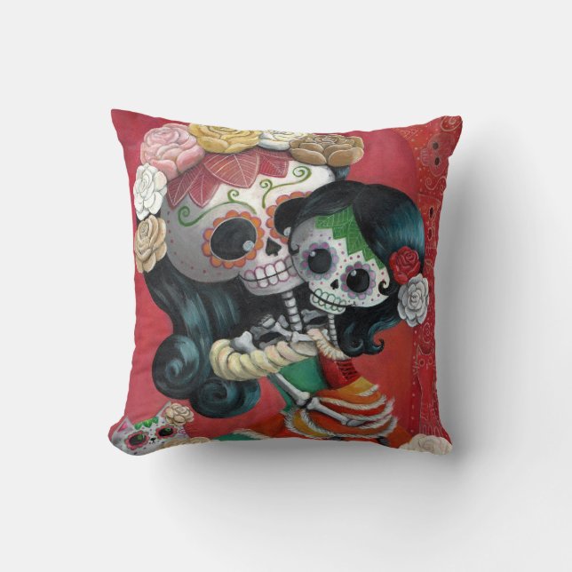 Dia de Los Muertos Skeletons Mother and Daughter Cushion (Front)