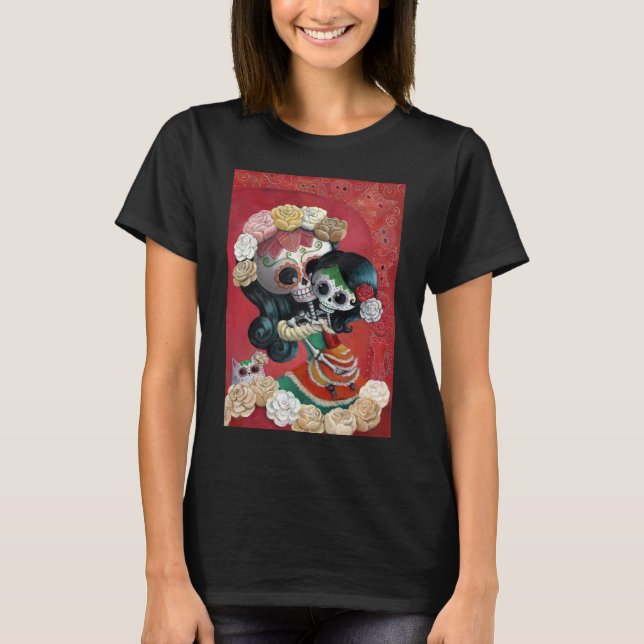 Dia de Los Muertos Skeletons Mother and Daughter T-Shirt (Front)