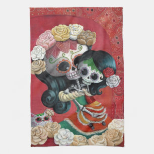 Dia de Los Muertos Skeletons Mother and Daughter Tea Towel