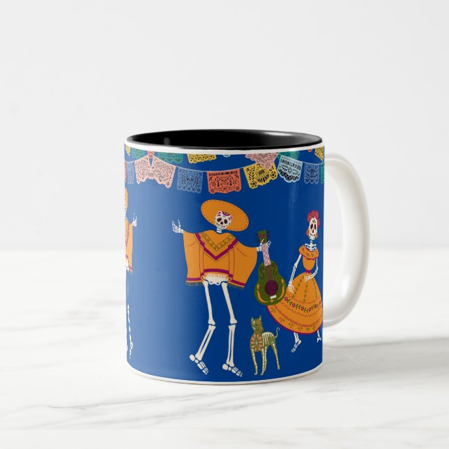 Dia De Los Muertos Skeletons  Two-Tone Coffee Mug (Front Right)