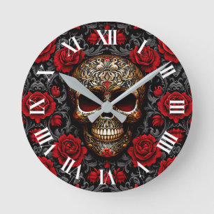 Dia de los Muertos Skull and Red Roses Round Clock