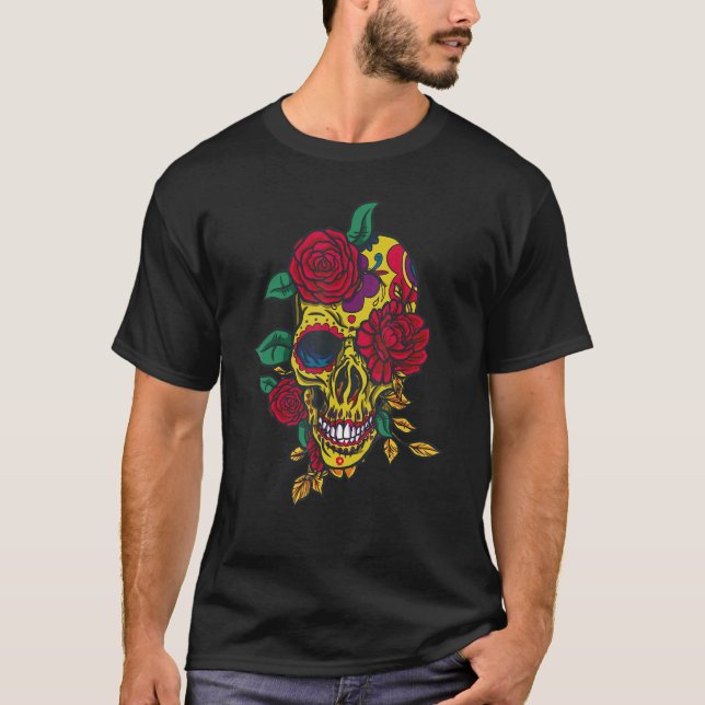 Dia De Los Muertos Skull Mask Roses Day Of Dead T-Shirt (Front)
