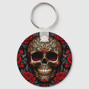 Dia de los Muertos Skull with Red Roses Key Ring