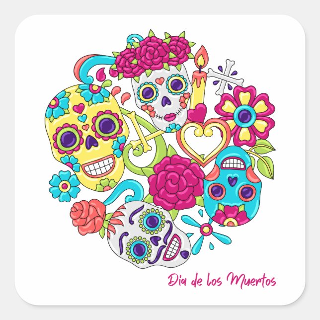 Dia de Los Muertos Skulls Square Sticker (Front)