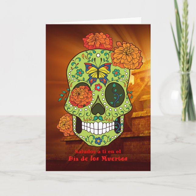 Dia de los Muertos Sugar Skull, Flowers en Español Card (Front)