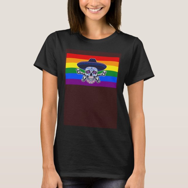 Dia De Los Muertos Sugar Skull Gay Pride Flag Mexi T-Shirt (Front)