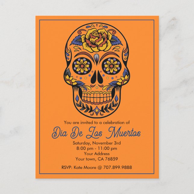Dia De Los Muertos Sugar Skull Party Invitation Postcard (Front)