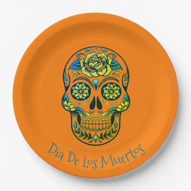 Dia De Los Muertos Sugar Skull Party Orange Paper Plate (Front)