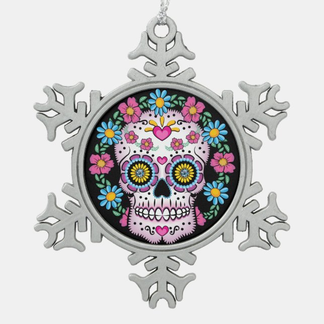 Dia de los Muertos Sugar Skull Snowflake Pewter Christmas Ornament (Front)