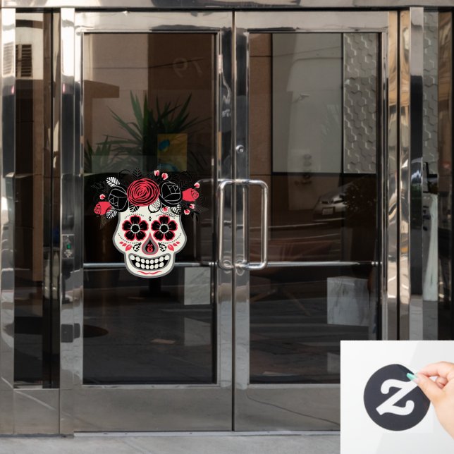Dia de los Muertos Sugar Skull with Black Roses Window Cling (Office Door)