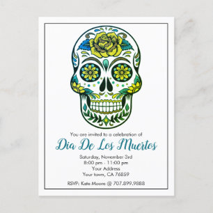 Dia De Los Muertos Sugar Skull With Flowers  Invitation Postcard