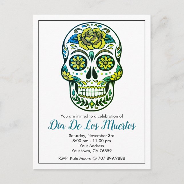 Dia De Los Muertos Sugar Skull With Flowers  Invitation Postcard (Front)