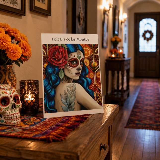 Día de los Muertos Sugar Skull Woman Red Rose Holiday Card (Creator Uploaded)