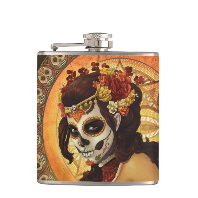 Dia De Los Muertos Throw Pillow Hip Flask (Front)