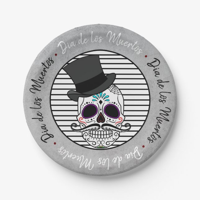 Dia de los Muertos | Top Hat Skull & Stripe Paper Plate (Front)