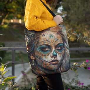 Dia de los Muertos turquoise painted face Tote Bag