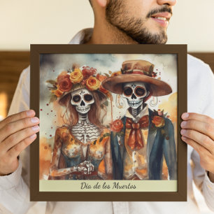 Dia de los Muertos watercolor wedding couple Poster