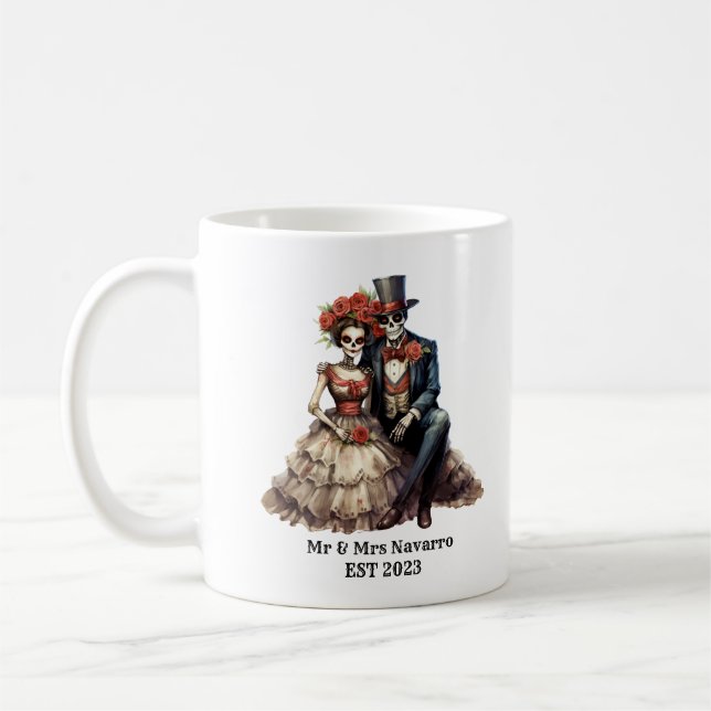 Dia de los Muertos Wedding Mr and Mrs Sugar Skull Coffee Mug (Left)