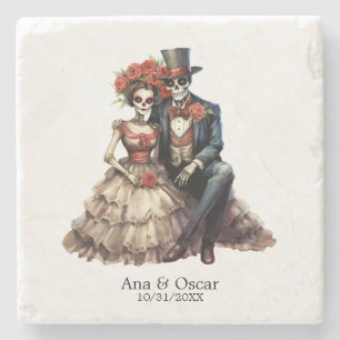 Dia de los Muertos Wedding Mr and Mrs Sugar Skulls Stone Coaster
