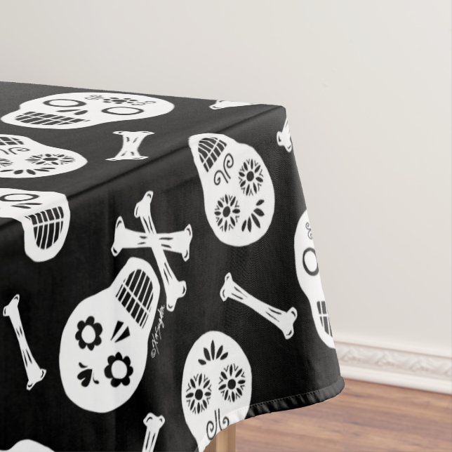 Dia de los Muertos White Paper Skulls Pattern Tablecloth (In Situ)