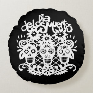 Dia de los Muertos White Paper Skulls Round Cushion
