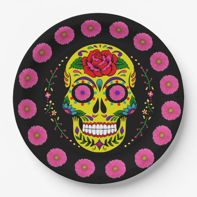 Dia de los Muertos Yellow Sugar Skull & Pink Daisy Paper Plate (Front)