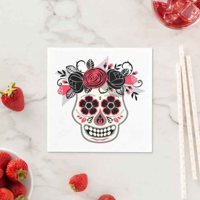 Dia de lost Muertos Sugar Skull with Roses Napkin (Insitu)