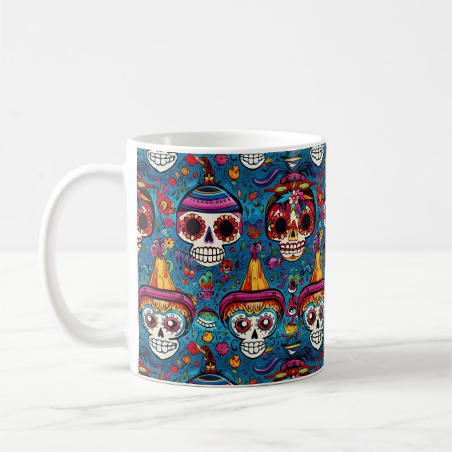 Dia de Muertos, blue sugar skulls pattern Coffee Mug (Left)
