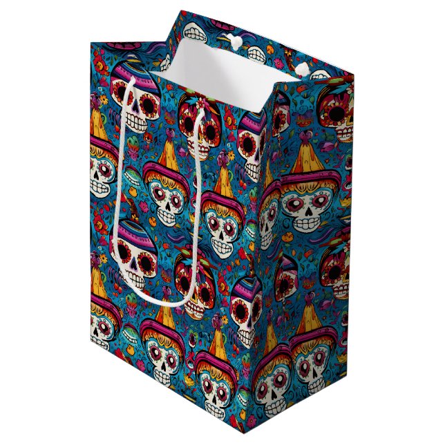 Dia de Muertos, blue sugar skulls pattern Medium Gift Bag (Front Angled)