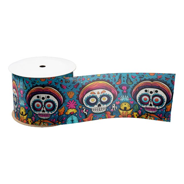 Dia de Muertos, blue sugar skulls pattern Satin Ribbon (Spool)