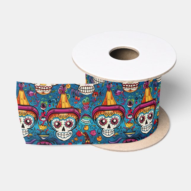 Dia de Muertos, blue sugar skulls pattern Satin Ribbon (Spool)