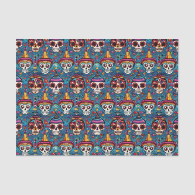 Dia de Muertos, blue sugar skulls pattern Tissue Paper (Front)