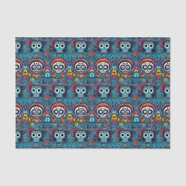 Dia de Muertos, blue sugar skulls pattern Tissue Paper (Front)
